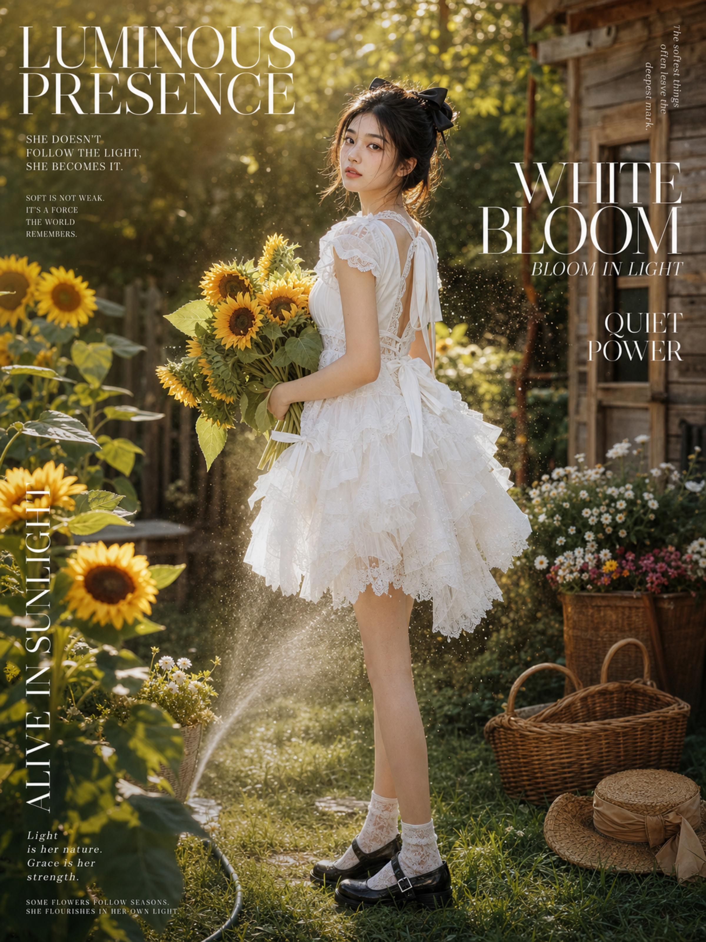 夏日花园里的唯美杂志写真海报，一位年轻成年亚洲女性，清冷淡颜，精致五官，干净自然