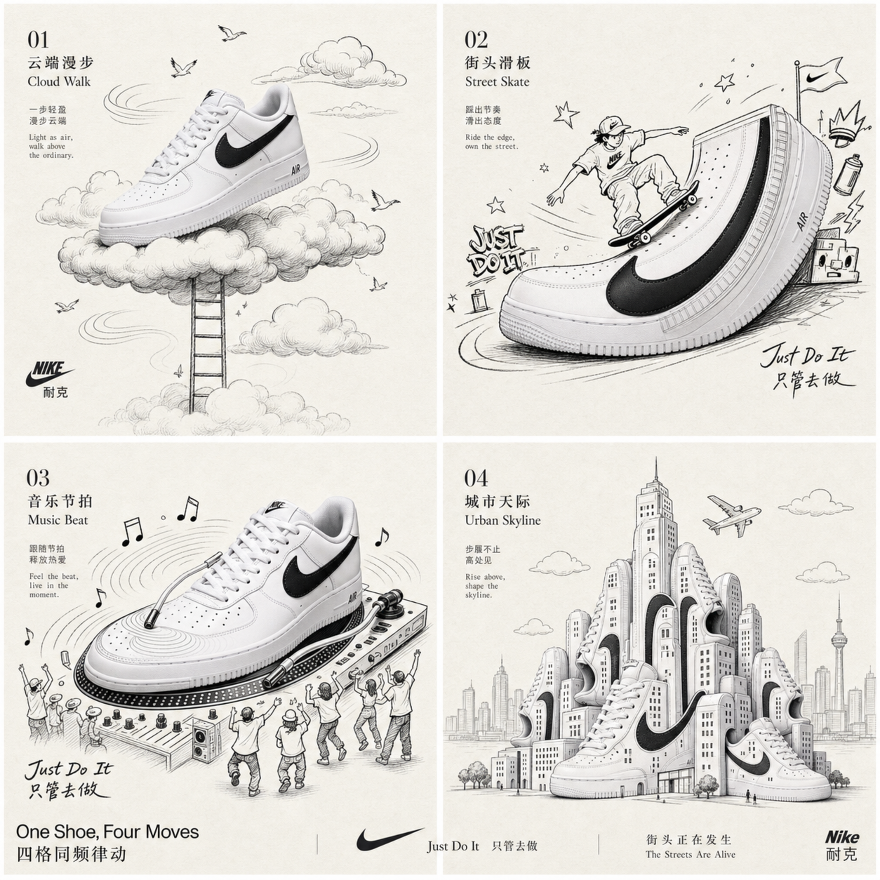 请生成一张高端1×1网格广告海报，为 Nike Air Force 1 创作。【