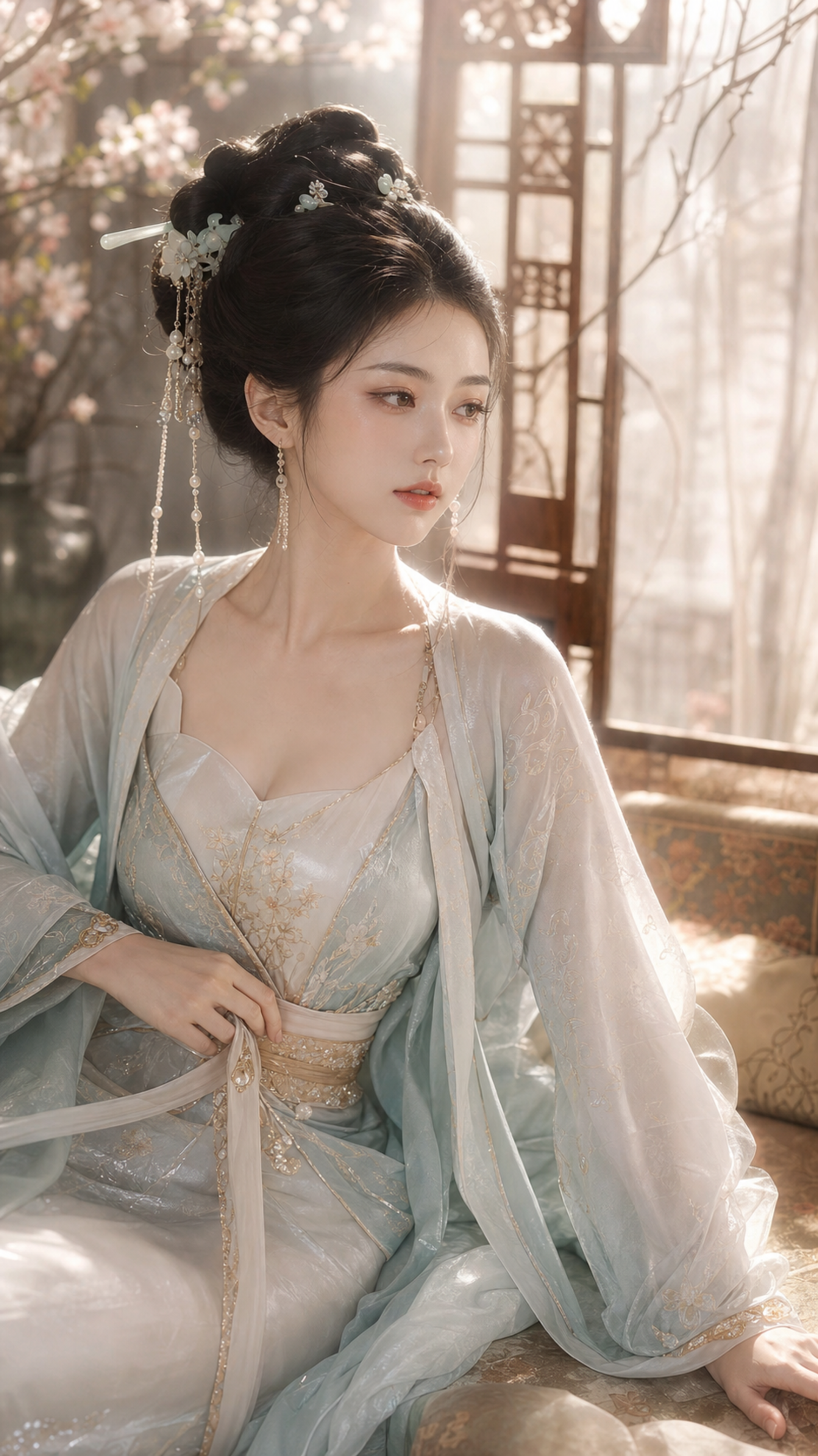 古风贵女写真，海棠花影映入花窗，暖白日光与纱帘交织，营造柔和朦胧氛围，大半身近景