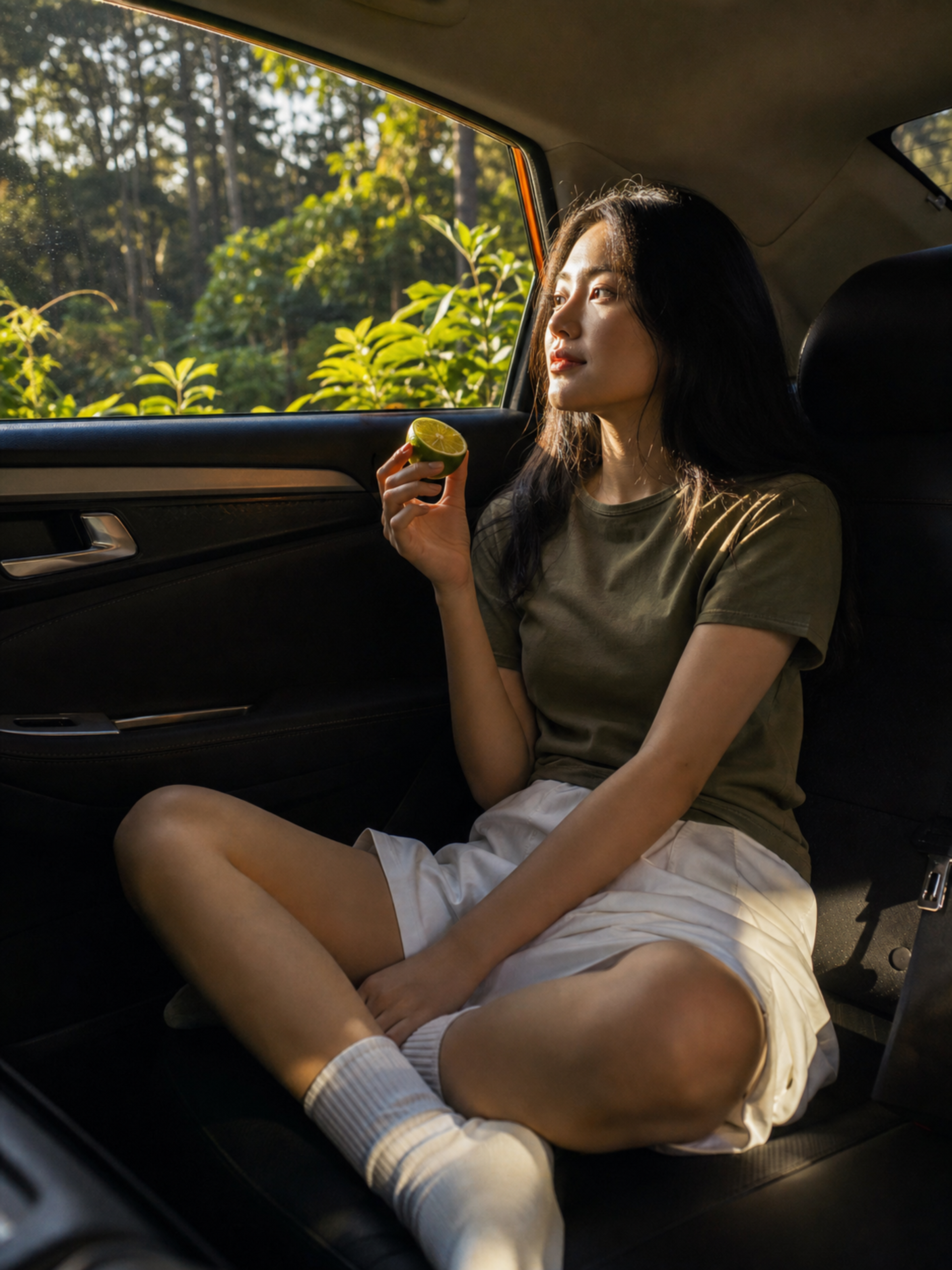 Vertical film portrait inside car, young