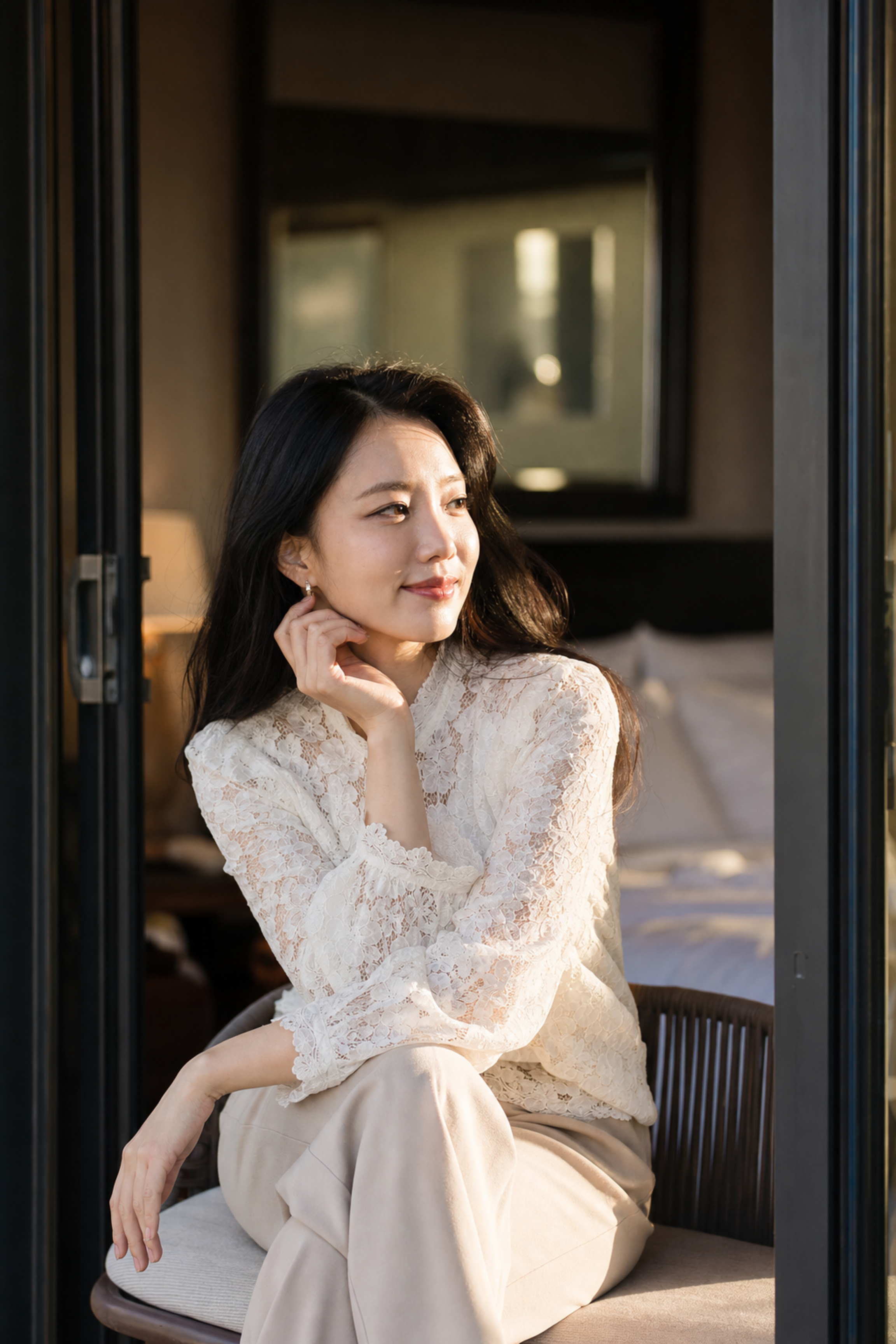 A beautiful Asian woman with long, flowi