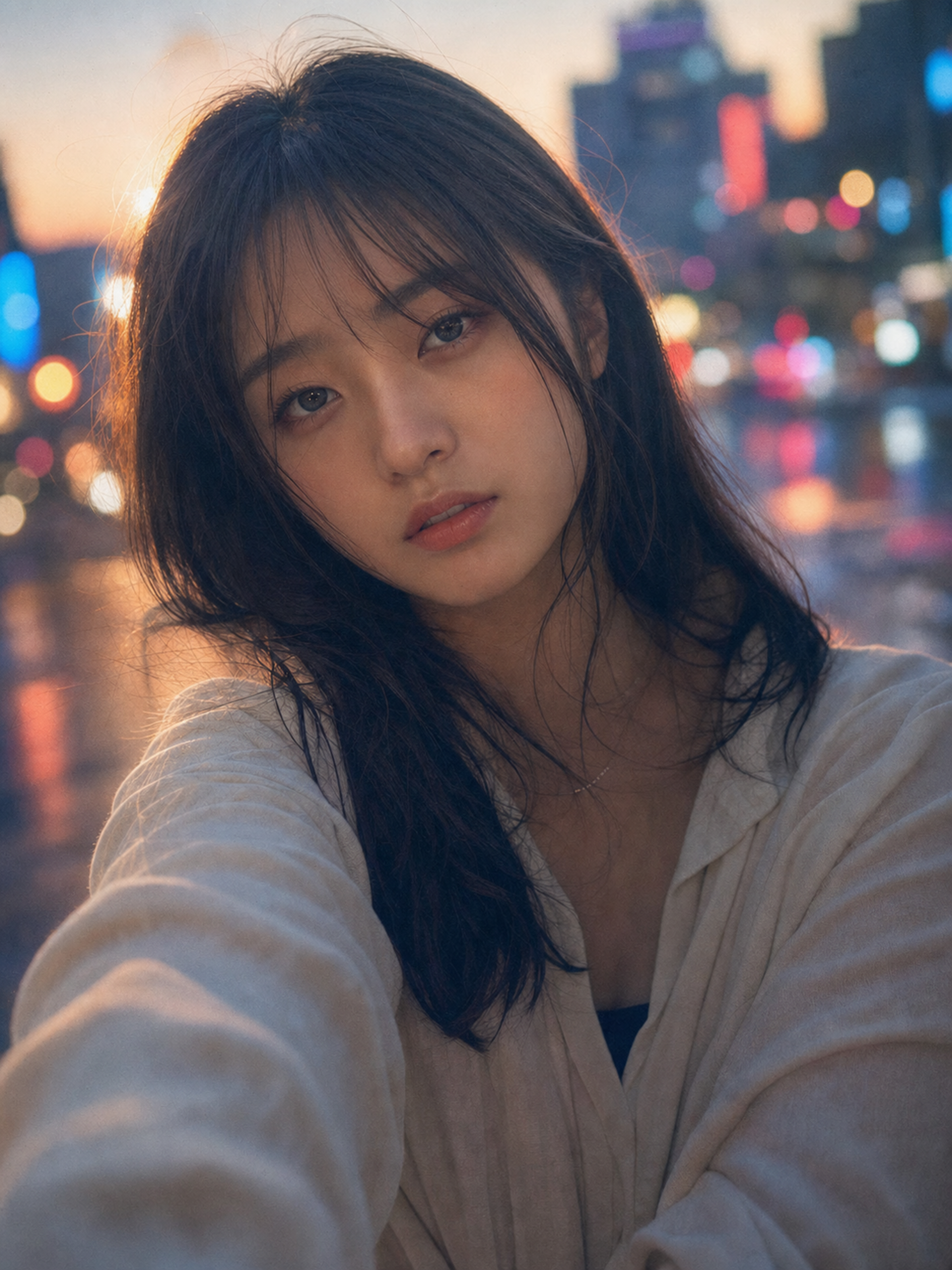 エモーショナルな雰囲気で、夕暮れ時の柔らかな光に包まれた日本人女子大生の自撮り写