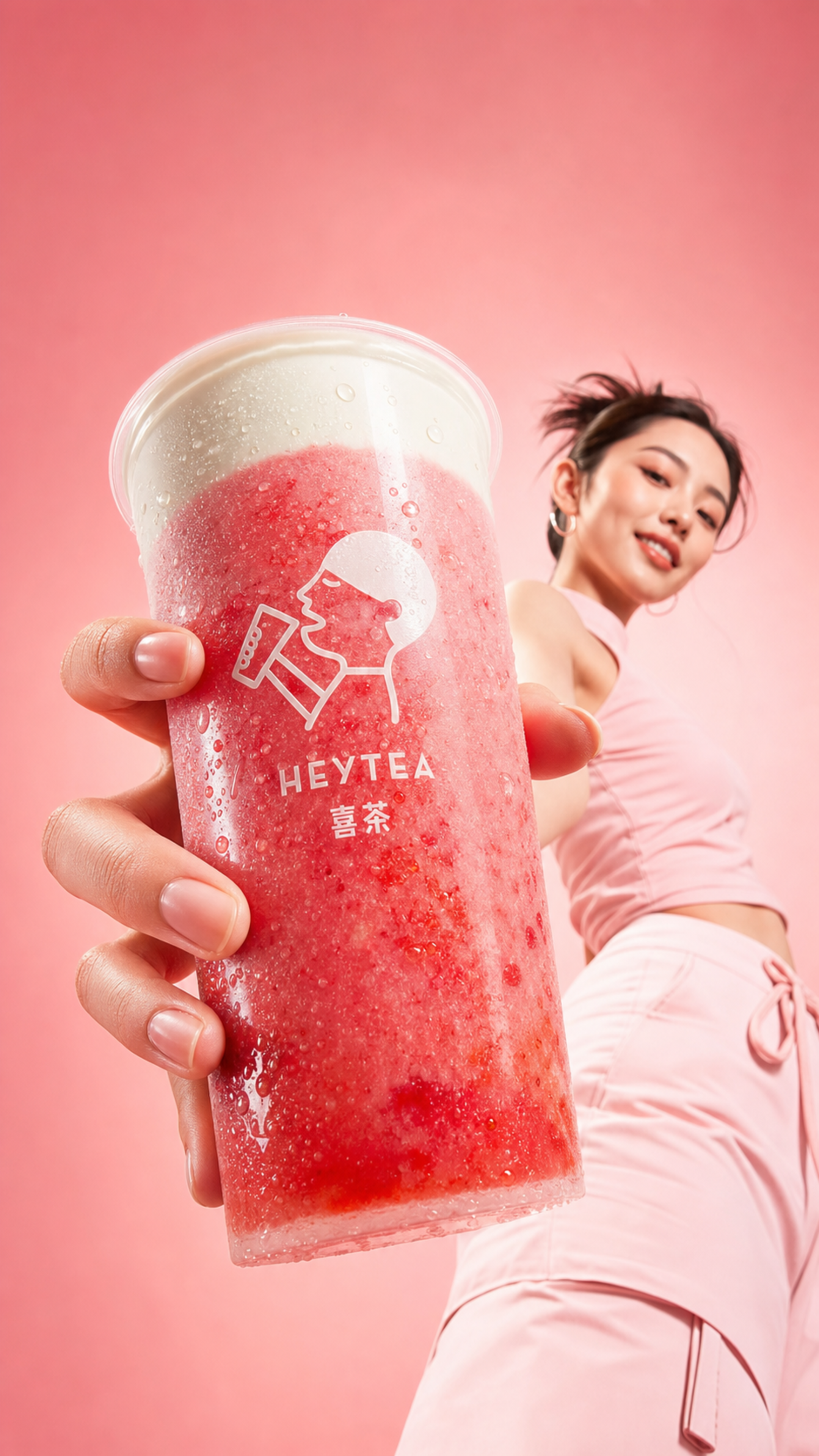 喜茶芝芝莓莓 + 亚洲美女 | 粉桃色渐变背景 [镜头] 极端广角低机位仰拍