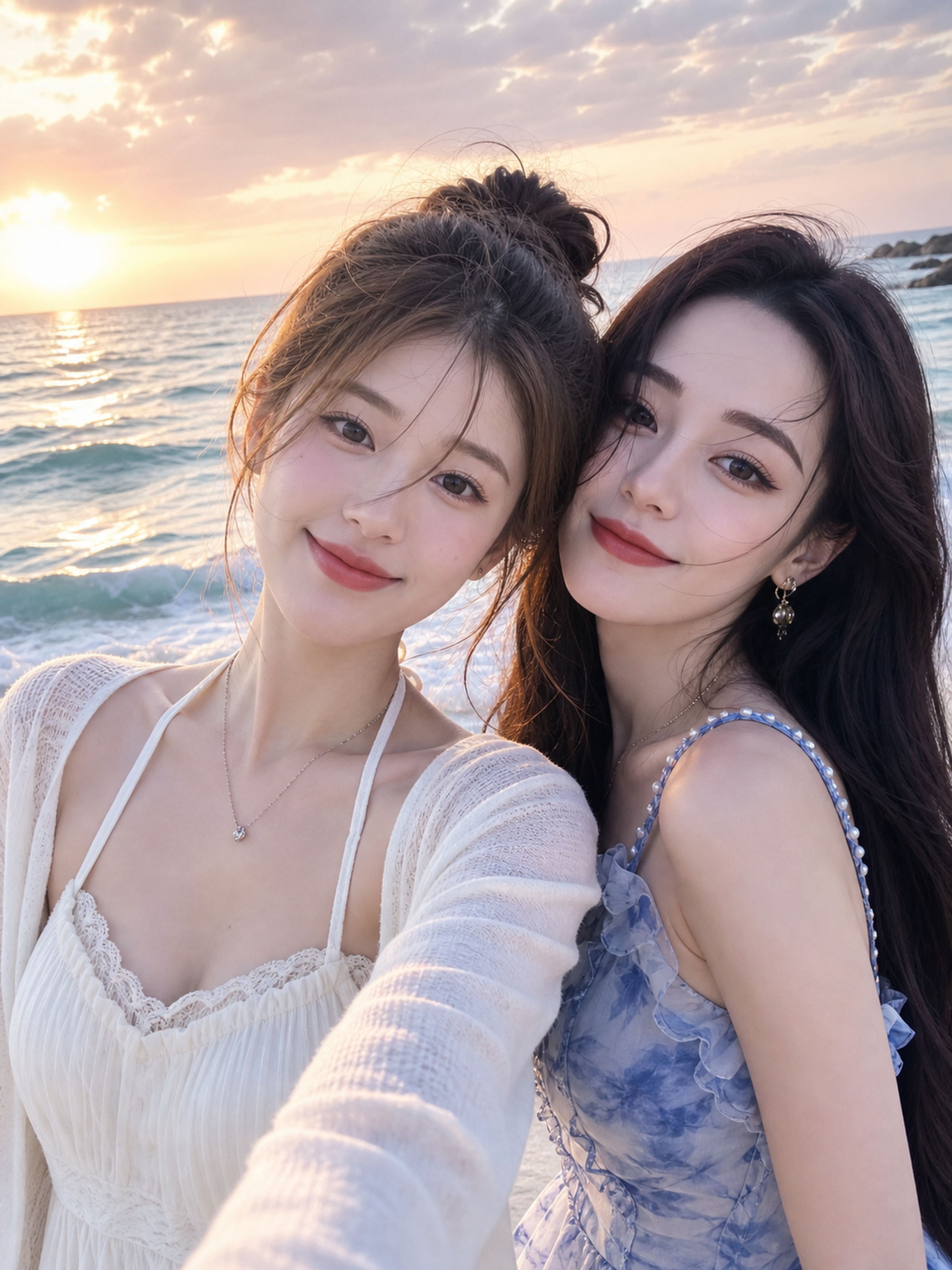 赵露思和迪丽热巴在海边美美的合影