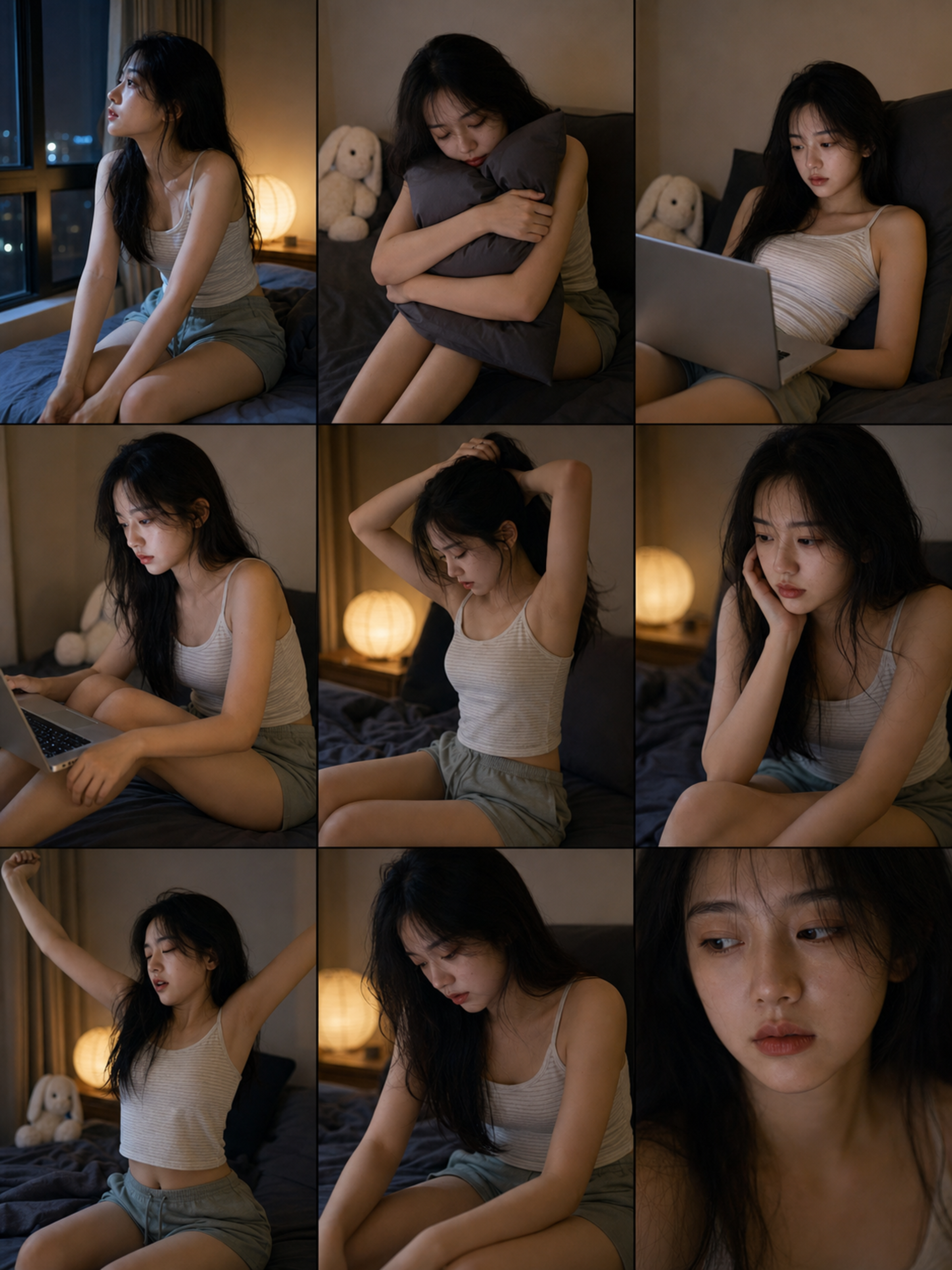 竖版 3:4、3x3 九宫格的写实夜间生活方式时尚摄影。唯一人物是一名明确二十岁