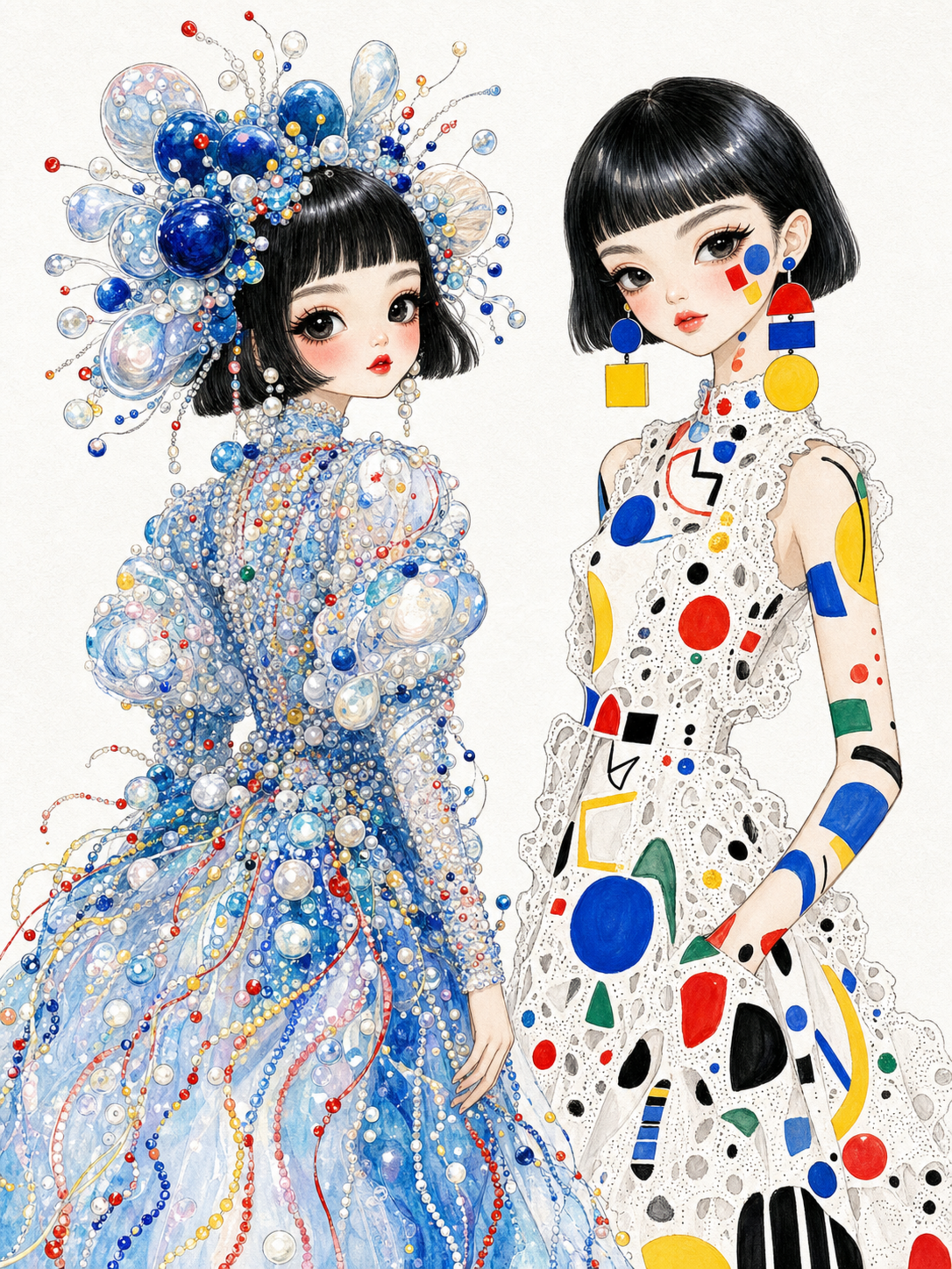 A whimsical fashion illustration of a cu