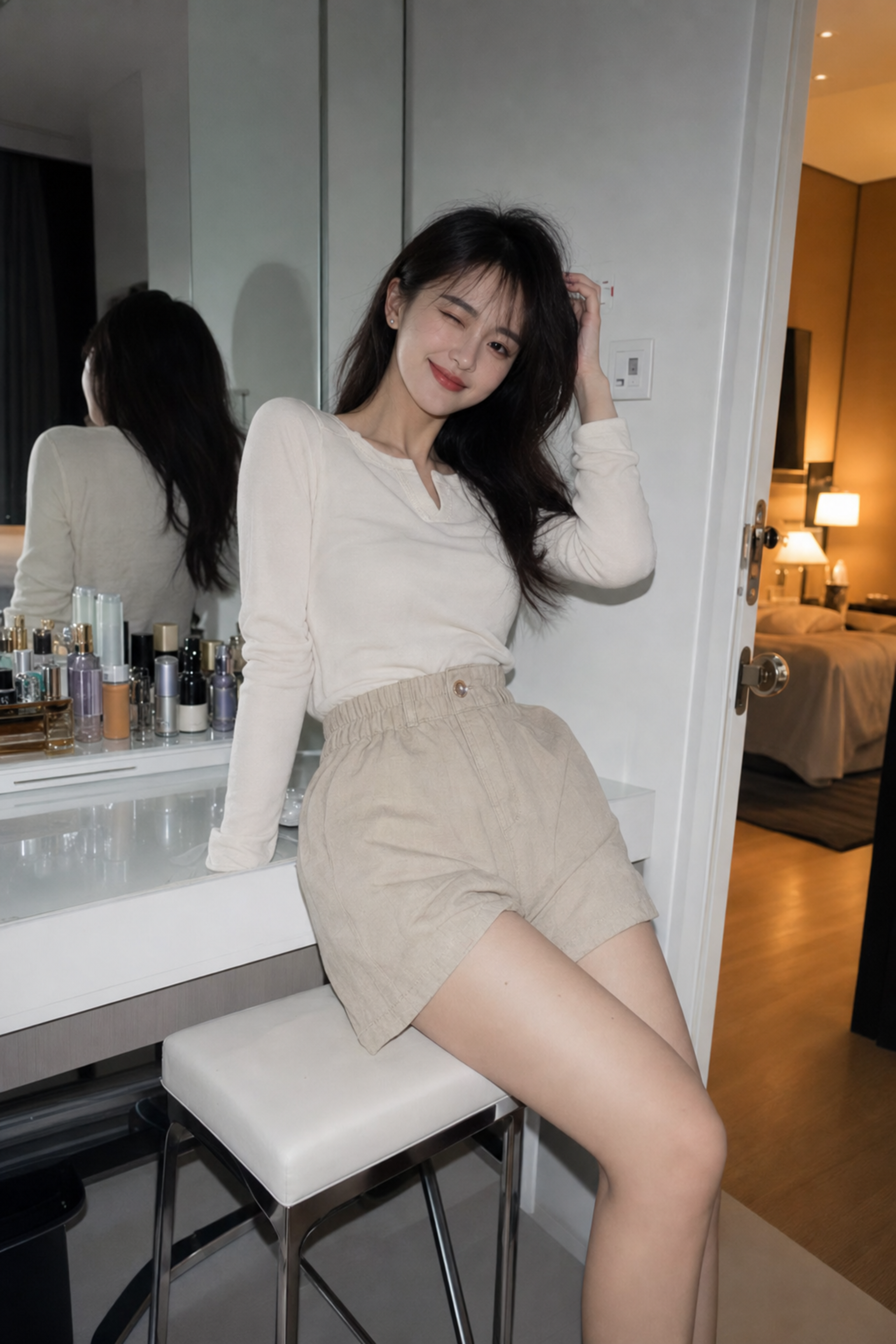 生成一张原创的竖版 2:3 写实室内时尚照片：一位成年东亚女性，长黑发、宽松热裤