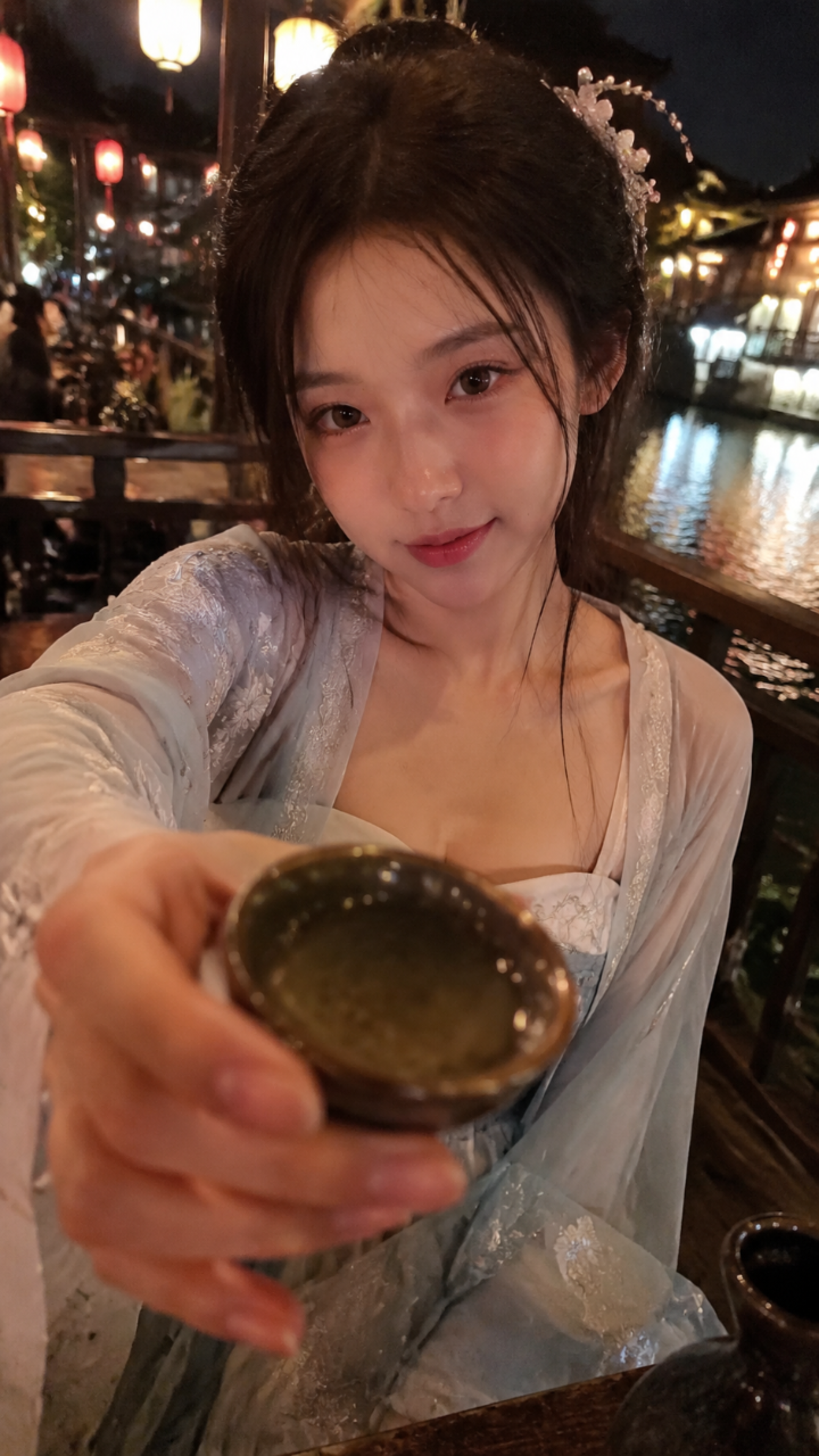 生成一张 9:16 竖版高清写实古风 POV 敬酒互动写真，主题是【[场景] +