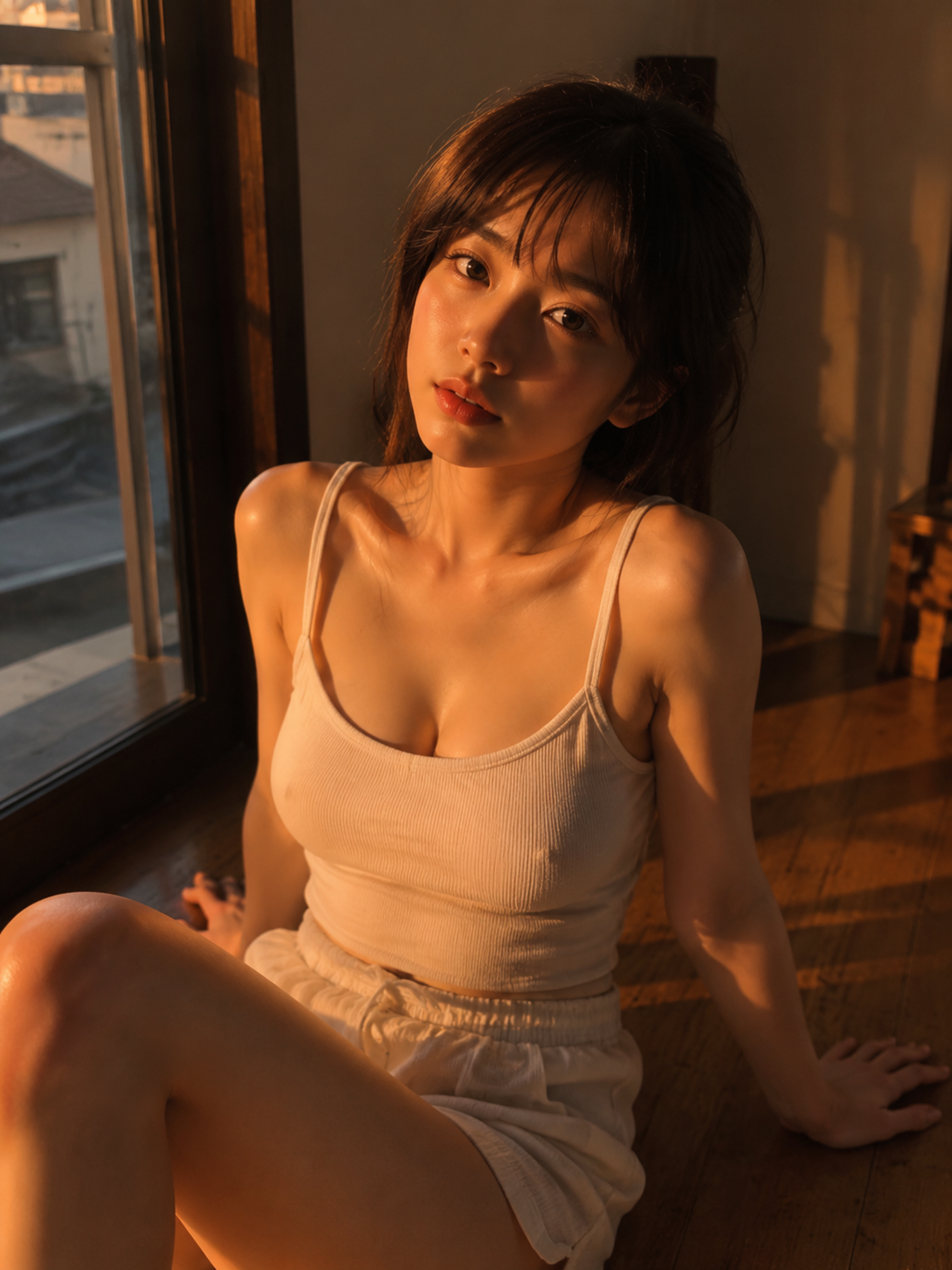 一名23歲日系女性，穿著白色細肩帶背心，坐在靠窗的木地板上雙手向後撐著身體。黃昏