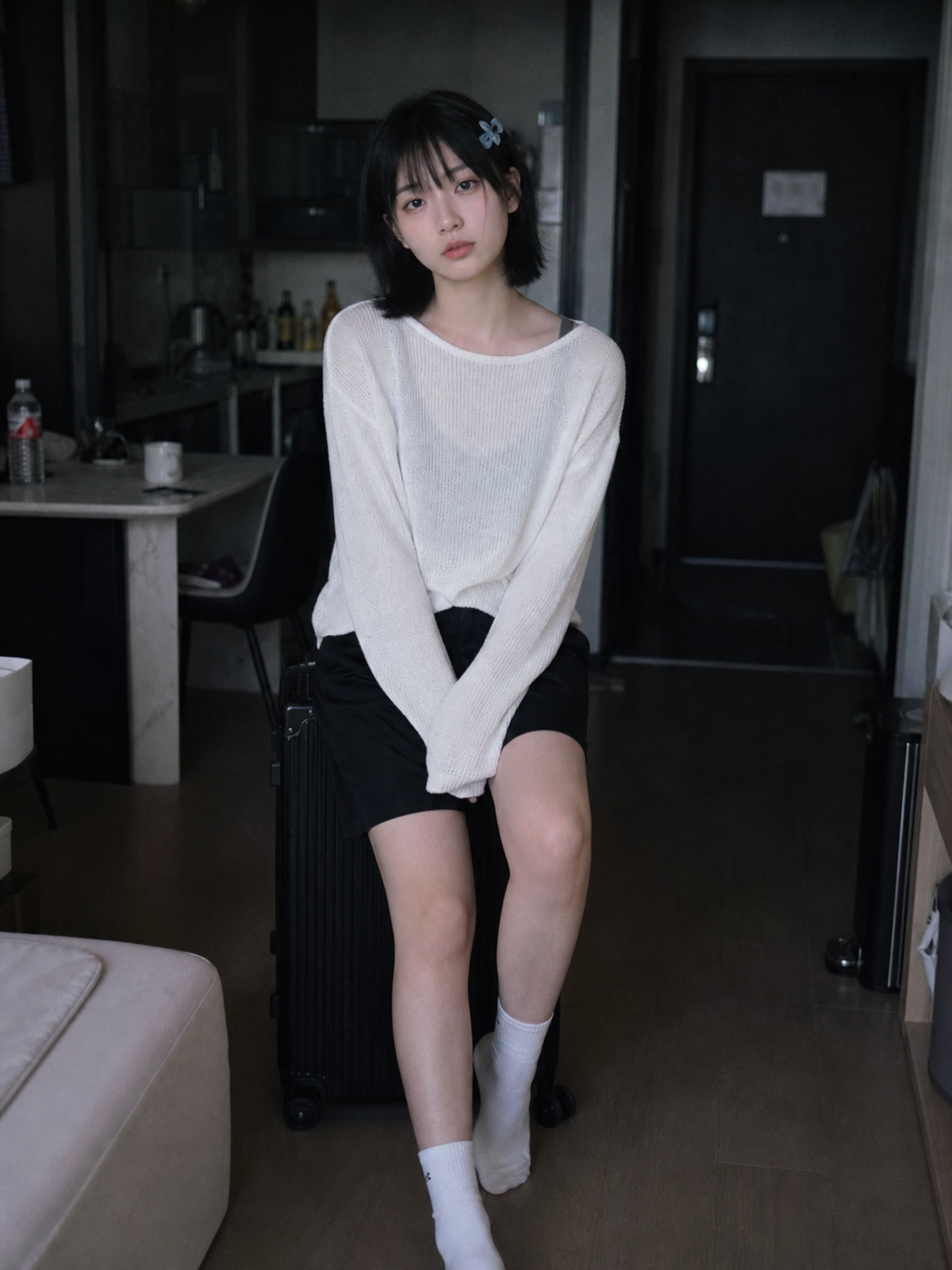 室内日常照，影视定格帧，真实摄影，成年东方女性，黑色短发微外翘，空气刘海，浅蓝色