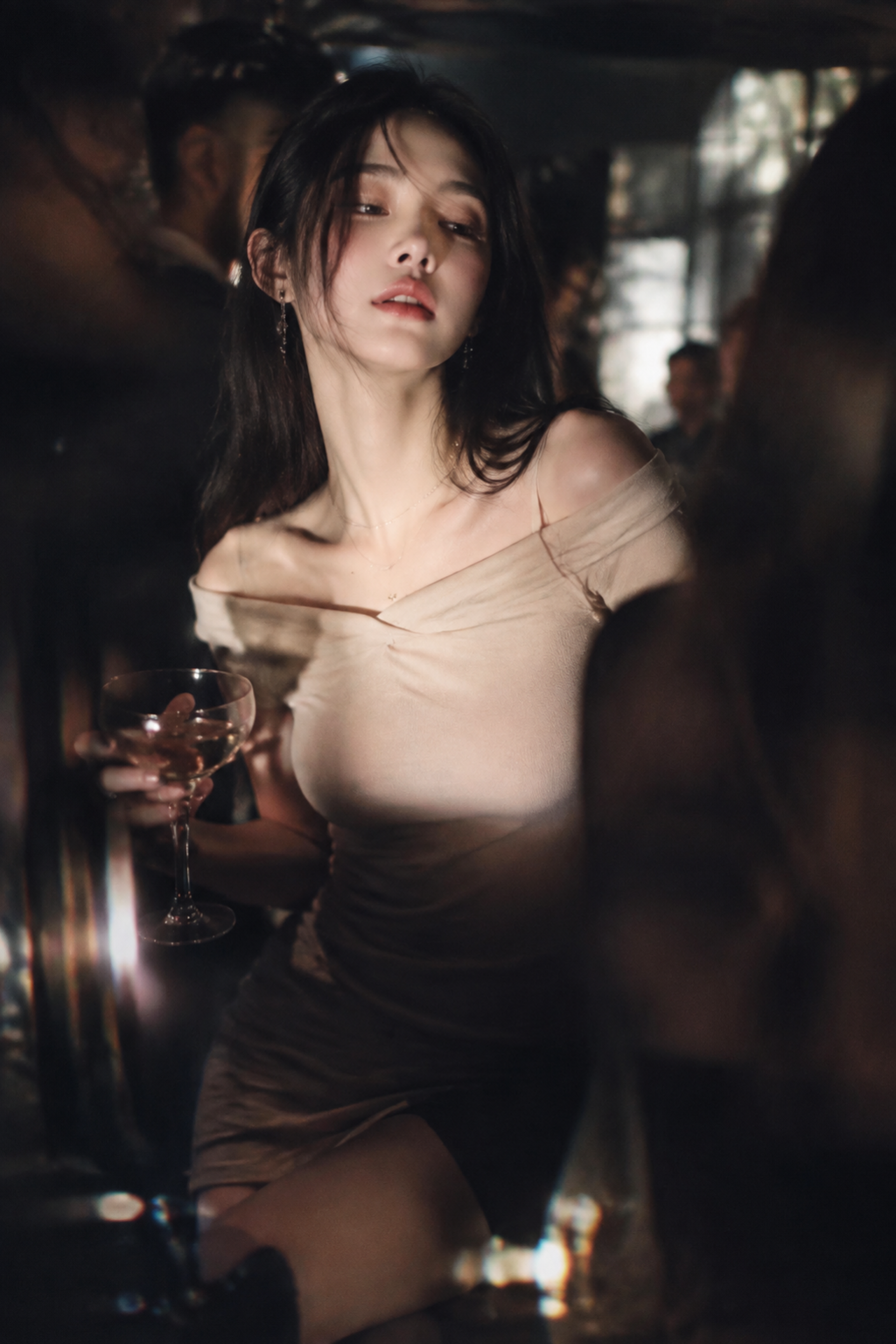Low-light cinematic portrait, telephoto 