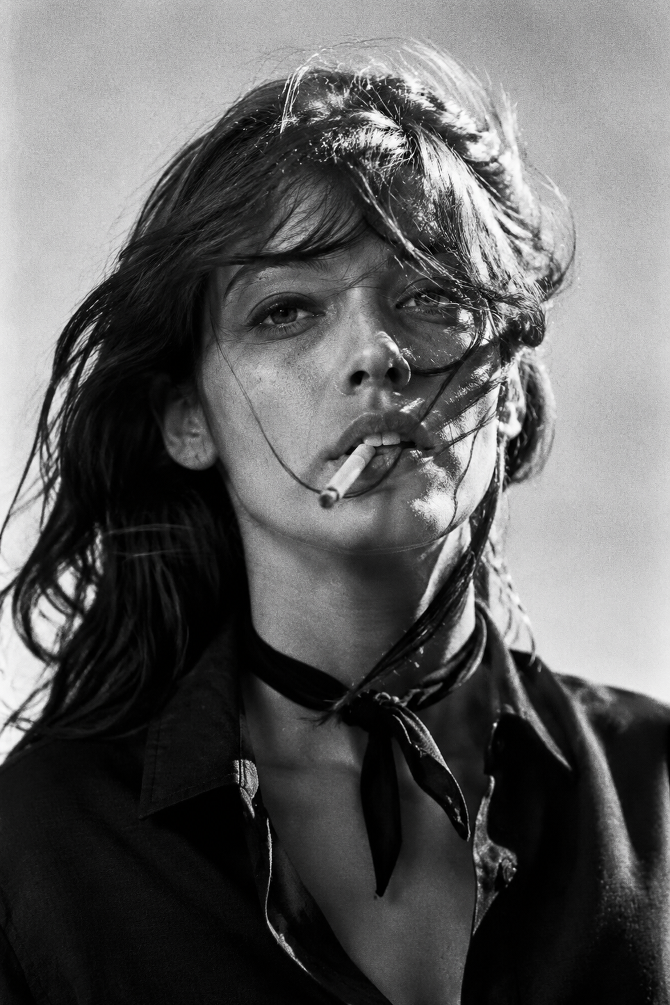 Create a 1970s black-and-white close-up 