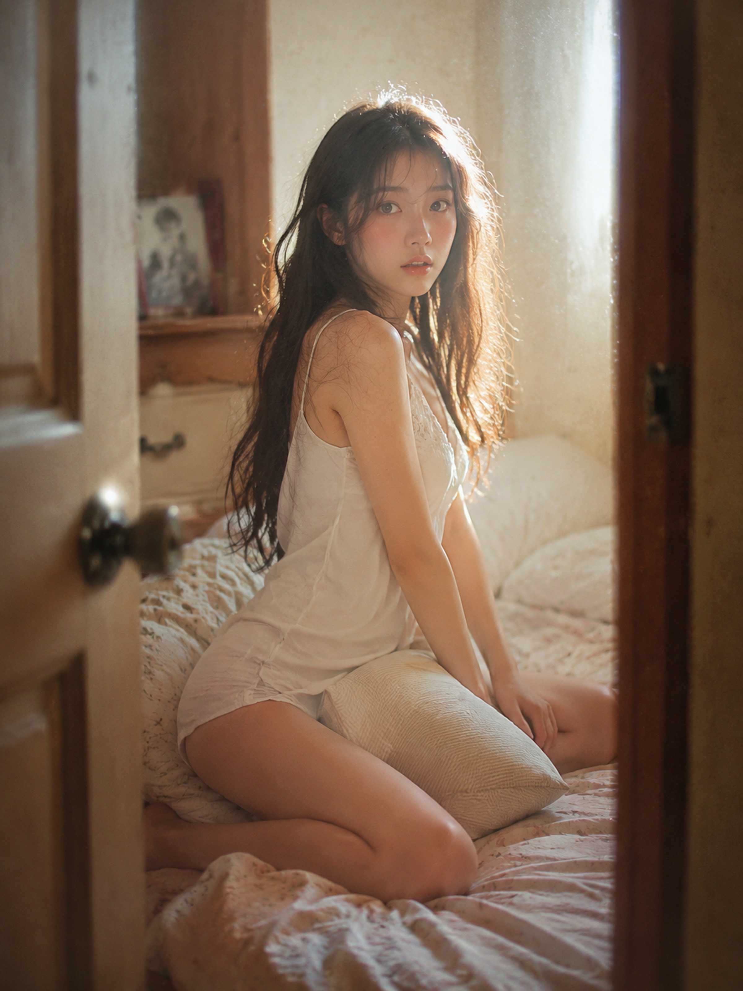 开门视角，女主卧室，枕头被子堆在床上，侧身跪坐在大枕头上，双腿之间有枕头，双手自