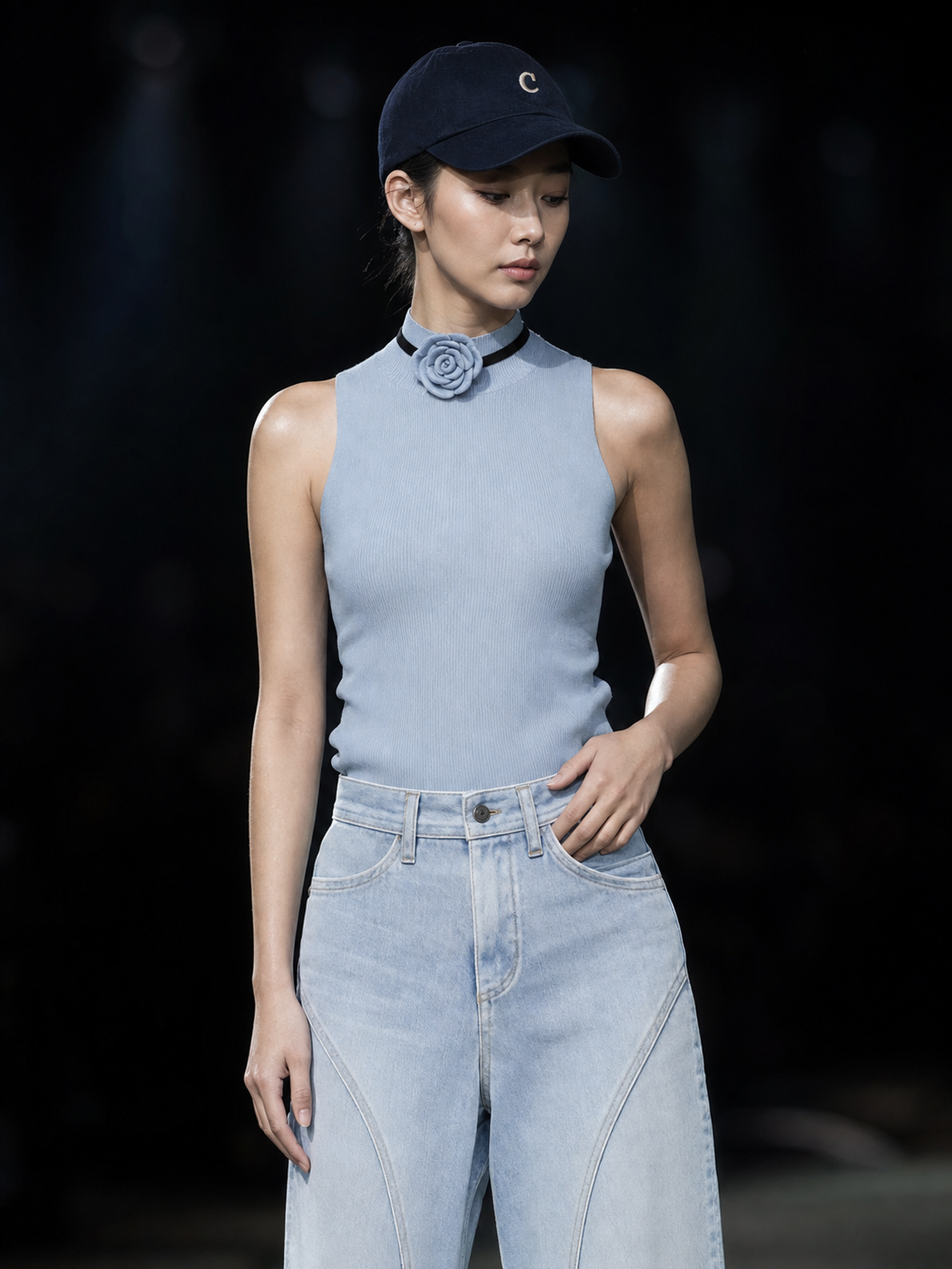 超写实高级时装秀人像摄影，一位20多岁的东亚年轻女性模特站在昏暗的大型T台或舞台