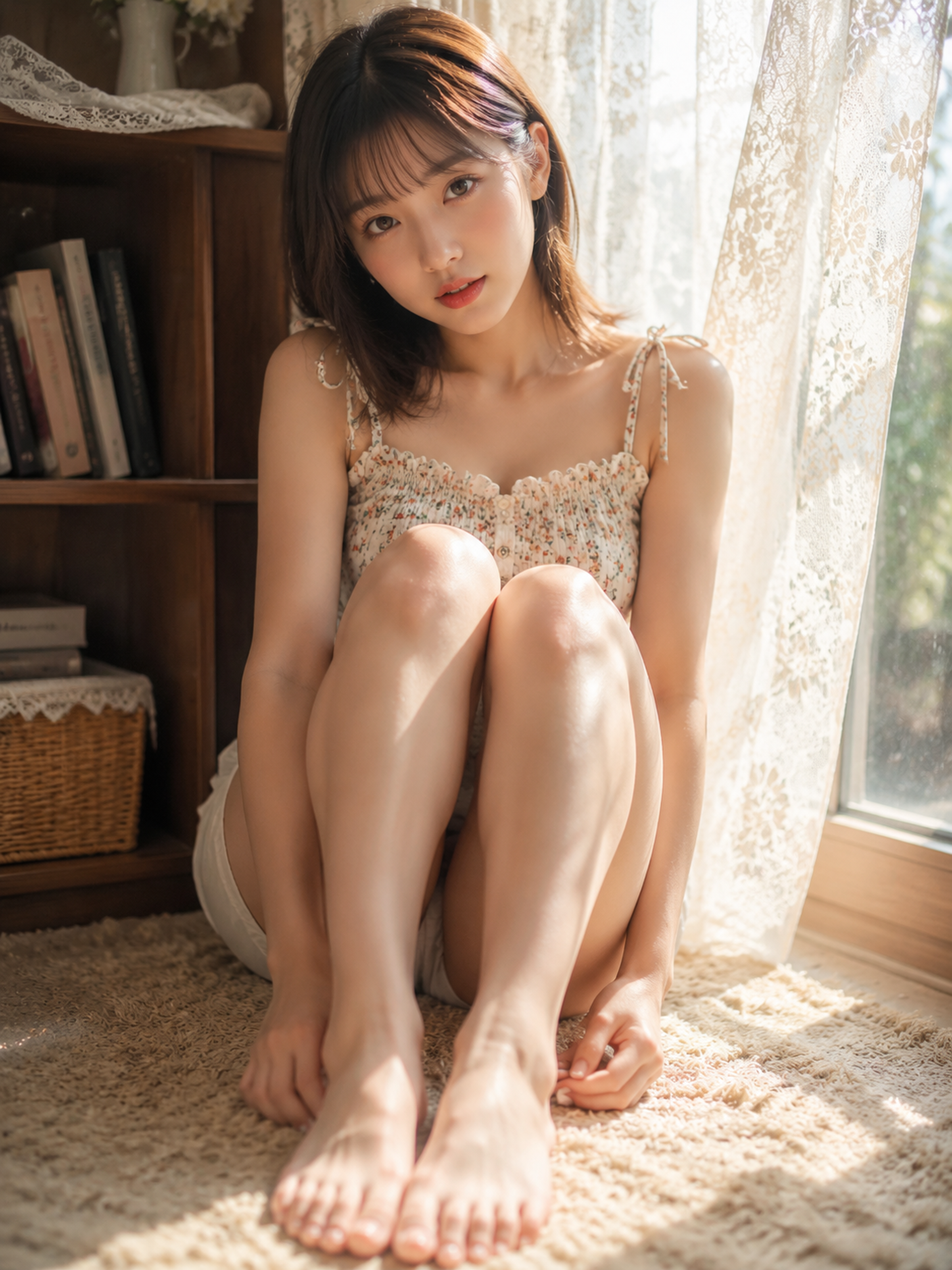 花柄キャミと朝の窓