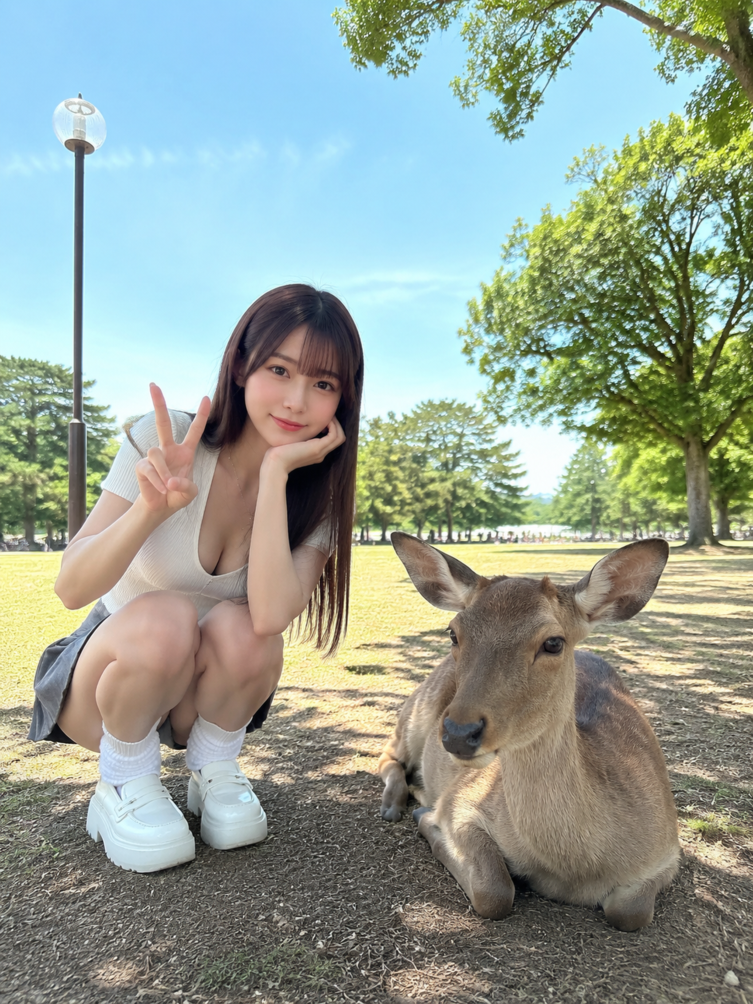 鹿の隣でピース