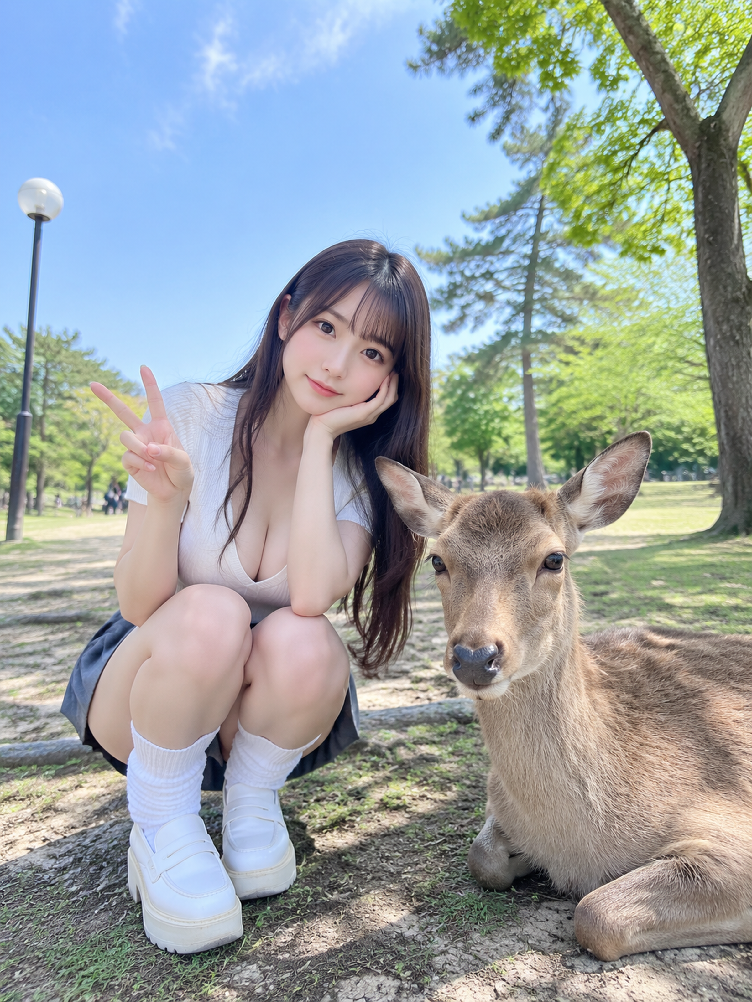 鹿の隣でピース