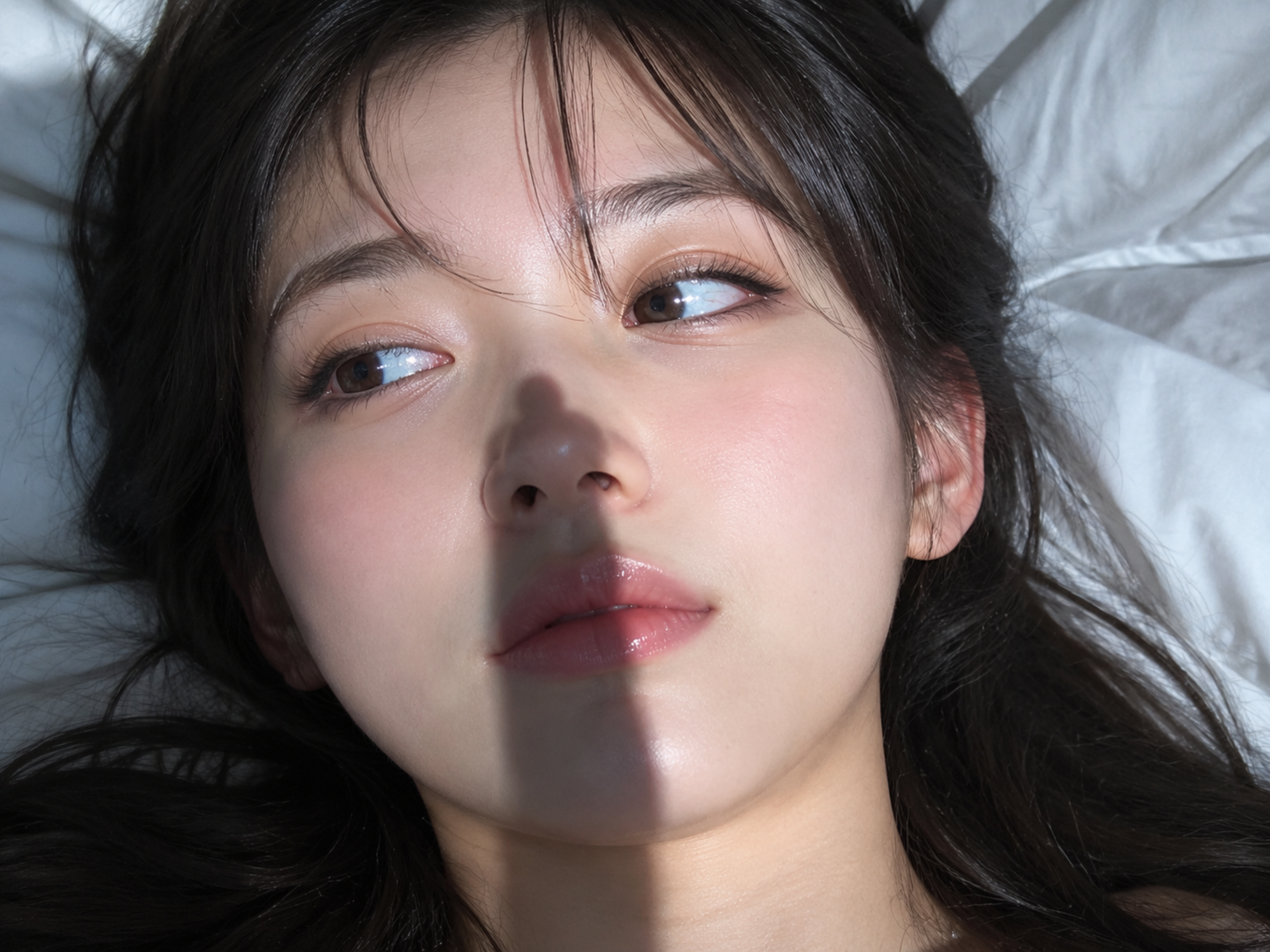 SFW厳守、画像比率は4:3横長、ベッドに仰向けで寝そべっている、顔のアップ、顔